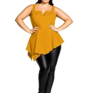 City Chic Sleeveless Mustard Gold Asymmetrical Peplum Top Plus Size 22 NWT